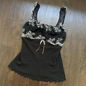 Vintage 90s Y2K Black Lace White Bow Sweetheart Sheer Cami Gilligan Omalley S